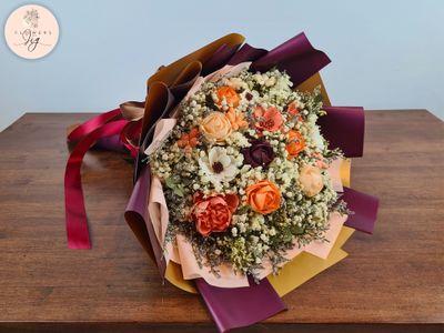 Handcrafted Spring Bouquet sola wood flower arrangement includes roses, jasmine, daisies, peonies, and cosmos in shades of peach, rose, and white. Enhanced with gypsophila and statice, it’s perfect for weddings or gifts.