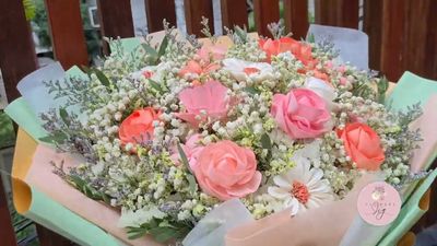 Handcrafted Sola Wood Bouquet, for Weddings, Anniversaries,  Birthdays - Preserved Bouquet Gypsophila &amp; Satin Wrap