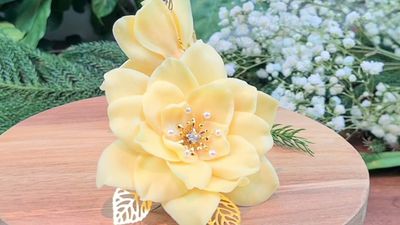 Yellow/ Gardenia Flower Hair Clip w/ Gold Leaf/ small pearls/ fake Diamonds/ Thai Clay for a smooth, realistic model/ lasts a lifetime