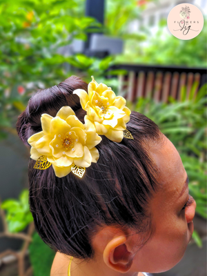 Yellow/ Gardenia Flower Hair Clip w/ Gold Leaf/ small pearls/ fake Diamonds/ Thai Clay for a smooth, realistic model/ lasts a lifetime