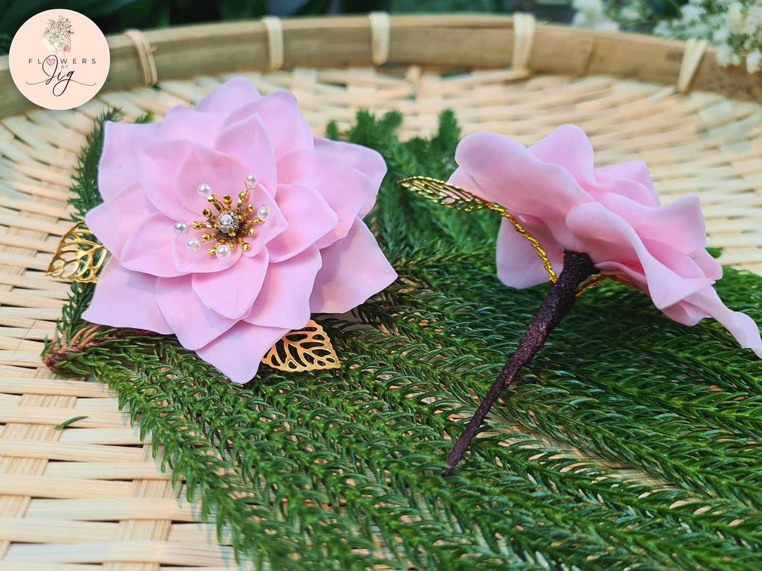 Handcrafted Pink Gardenia Hair Pin with Gold Leaf &amp; Faux Diamond, made from polymer clay. Features realistic flower design with small pearls, perfect for weddings, fashion shoots, and parties. Durable, elegant, and easy to maintain