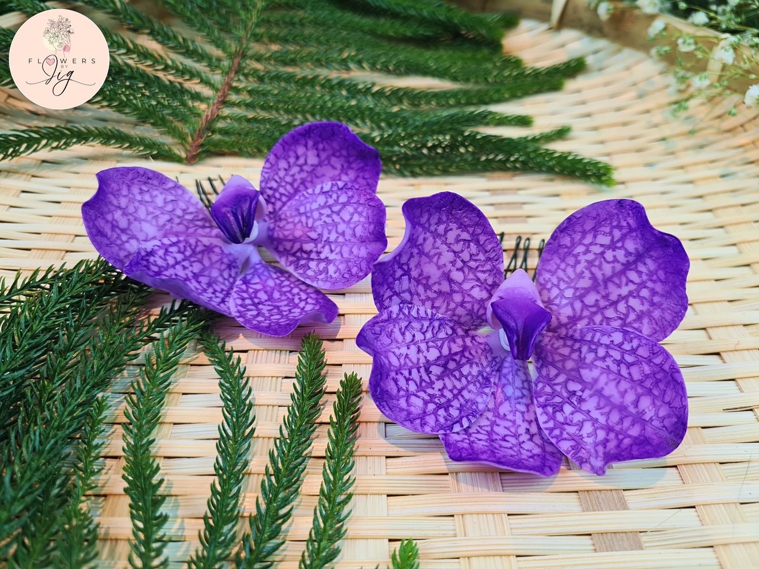 Handmade Vanda cerulean purple orchid hairpin, crafted from polymer clay, detailed and realistic design, durable and pliable with a quality metal comb, perfect for tropical weddings, beach events, Hawaiian parties, and formal occasions