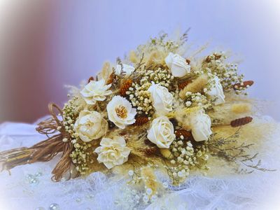 Rustic Wedding Bouquet - Satin Roses, Pampas Grass, White Fern, Willow Leaves, Pearl Highlights