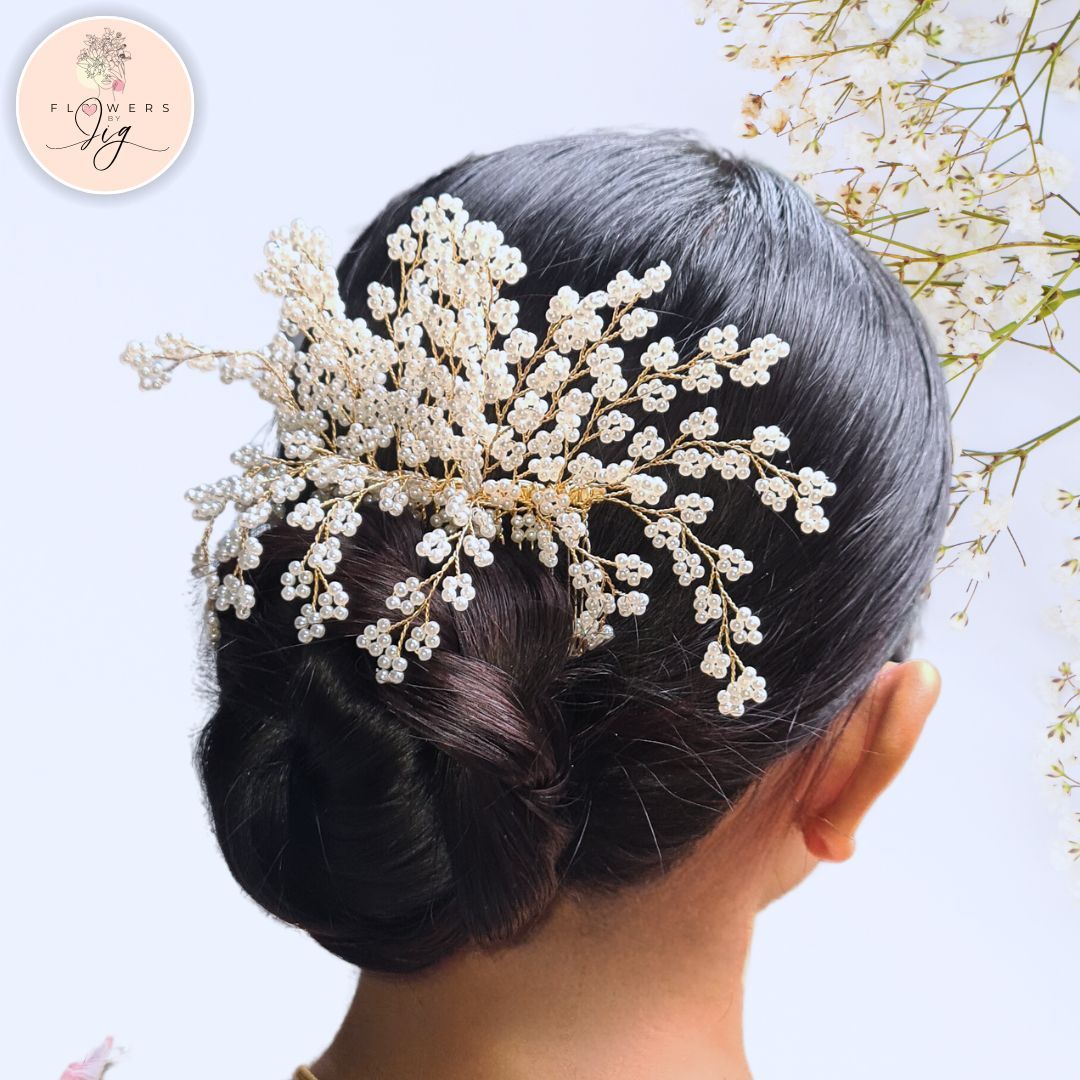 Elegant Floral Bridal Headpiece, Hair Comb with White Mini Pearls