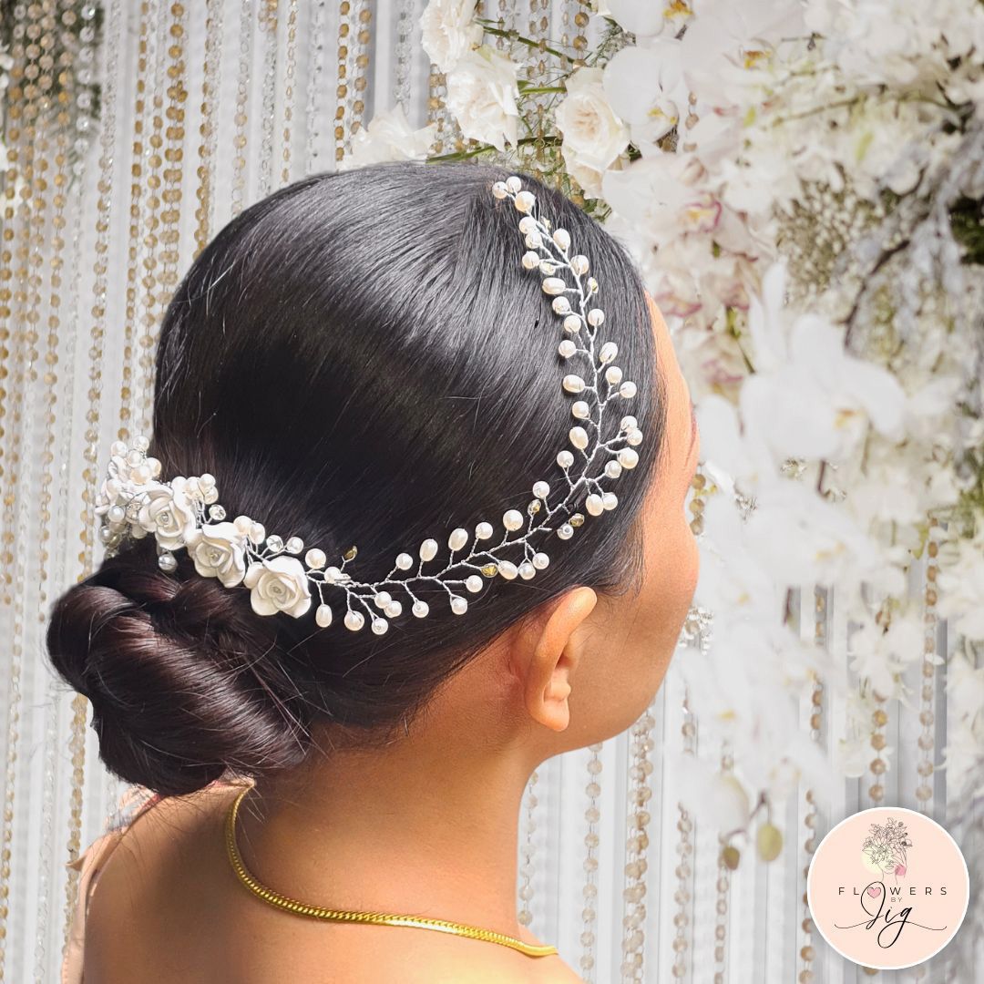 Elegant Boho Bridal Headpiece | Unique Polymer Flower Hair Comb with Silver Pearls &amp; Crystals