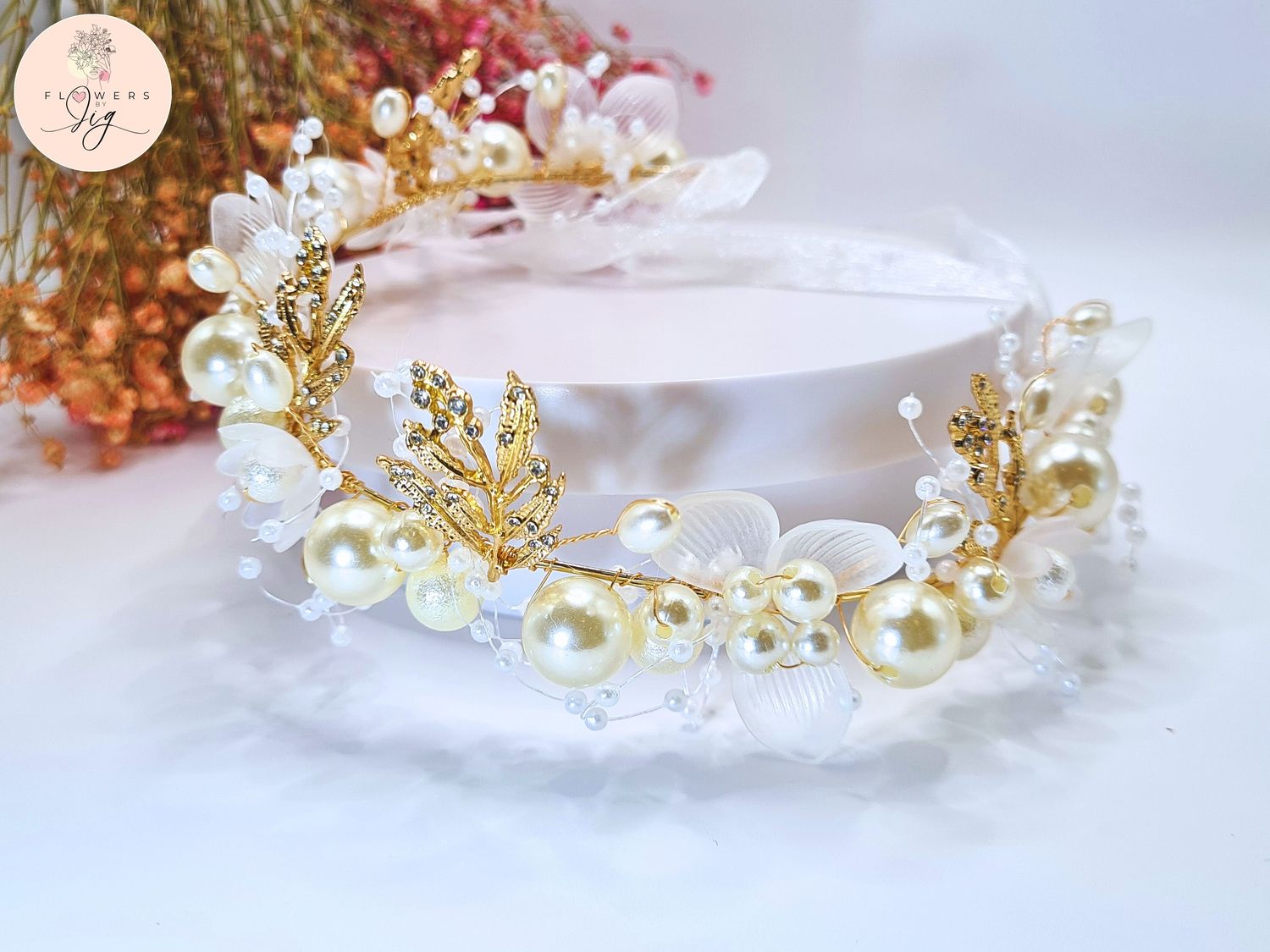 Classic Vintage Bridal Headpiece with Pearl Beads, Gold Wire, and Polymer Flowers
