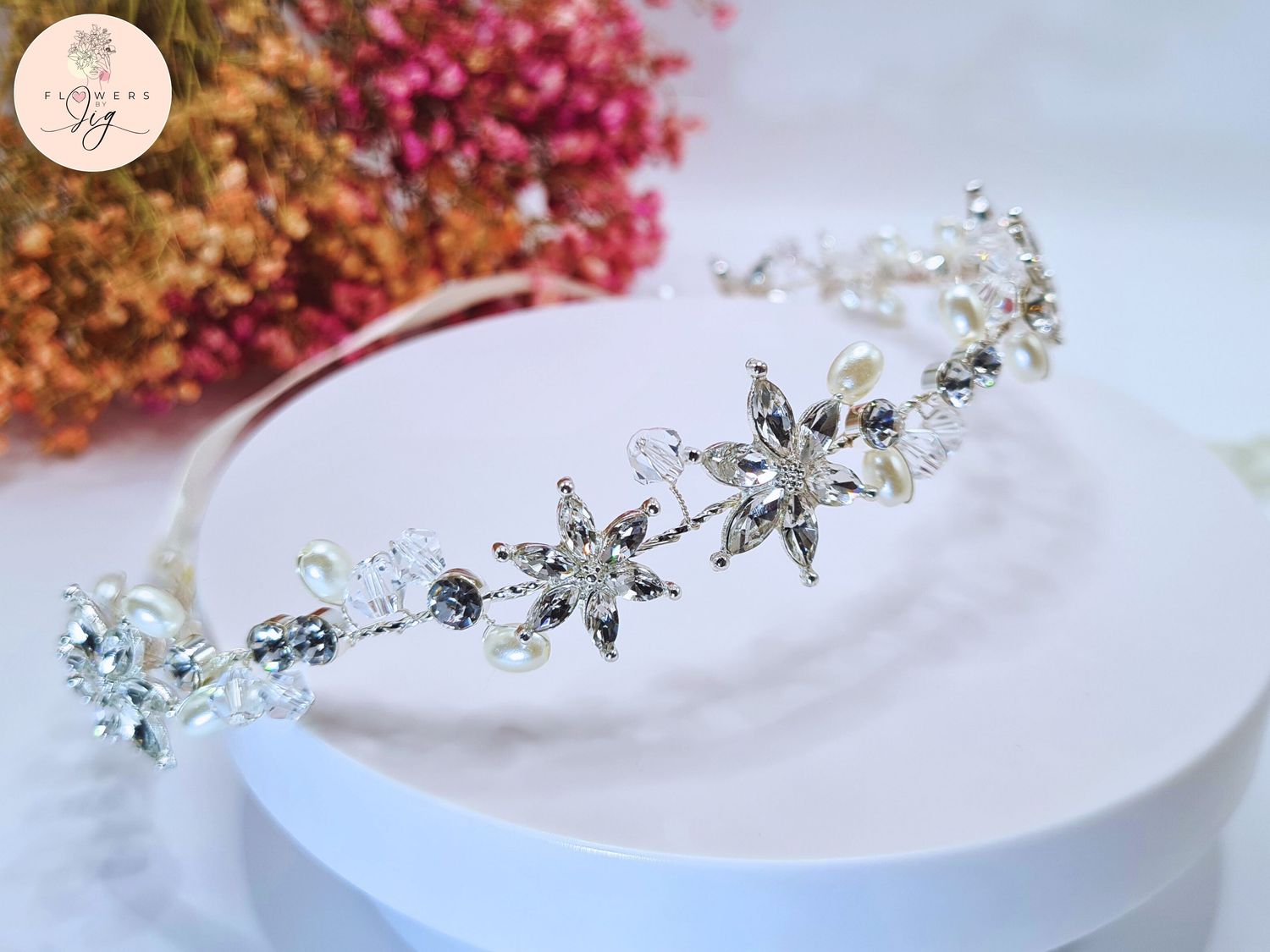 Bridal Headpiece with Pearls, Crystals, and Faux Diamonds | Vintage Style with Satin Ribbon for Weddings, Prom, Gala, and Fashion
