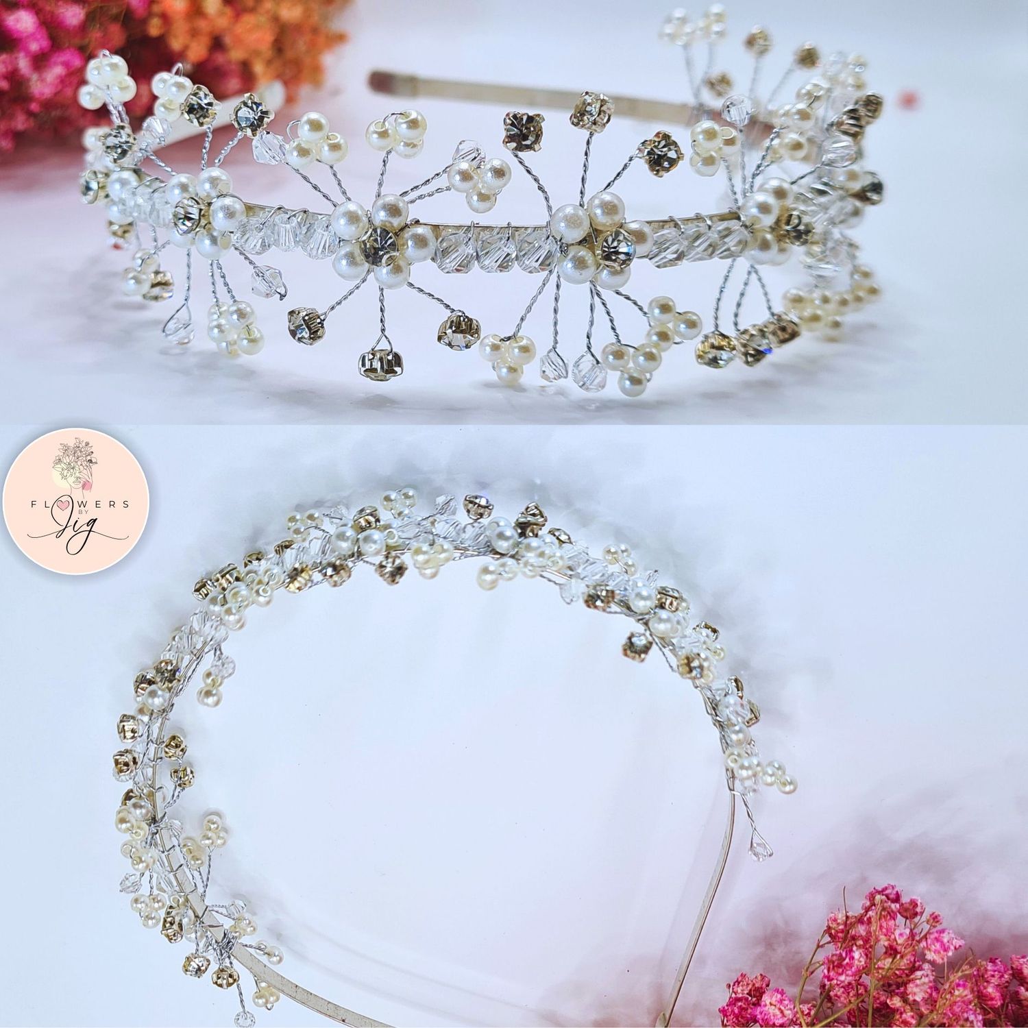 Handcrafted Diamond,Crystal &amp; Pearl Bridal Headband | Elegant Floral Wedding Hair Accessory for Brides, Proms, Formal Events | Classic White