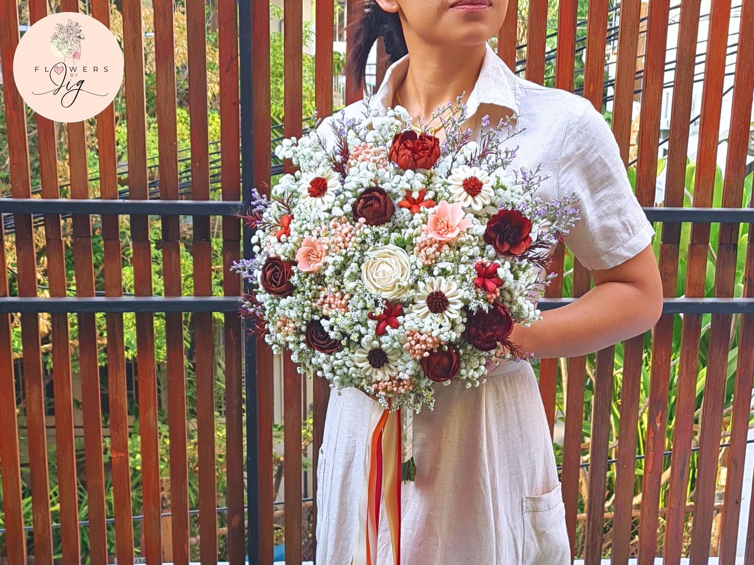 Wedding Bouquet - Sola Flower Roses, Peonies &amp; Daisies with Dried Flowers and Colorful Ribbons - Rustic Floral Arrangement | Boho Style