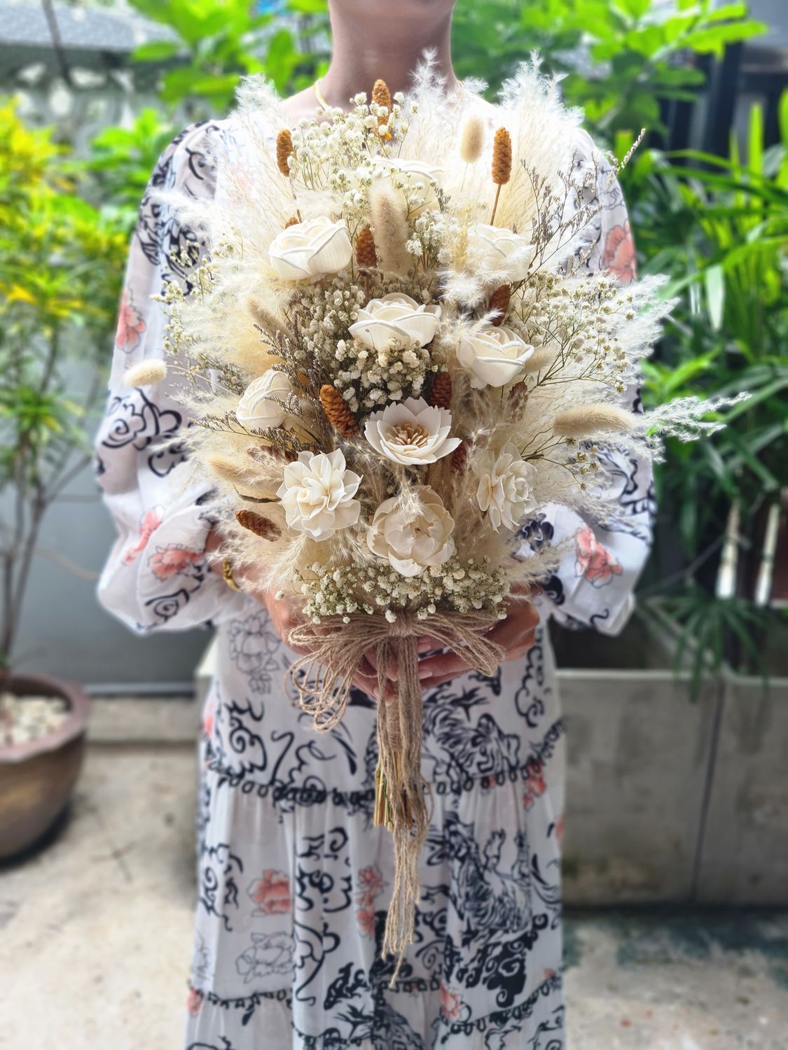 Rustic Wedding Bouquet - Satin Roses, Pampas Grass, White Fern, Willow Leaves, Pearl Highlights