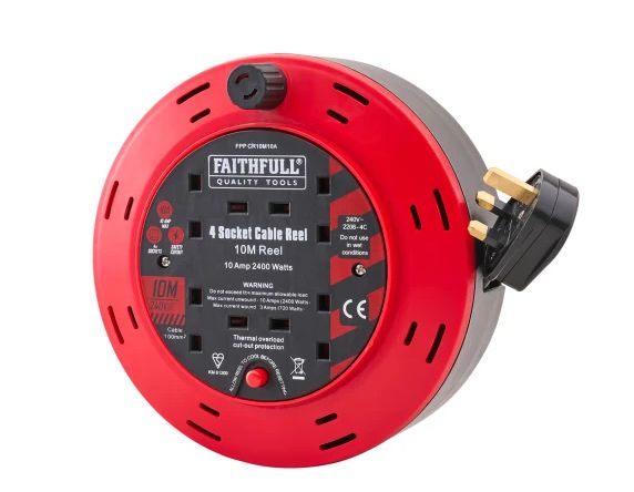 Faithfull 10m Cable Reel 10A, 4 Sockets