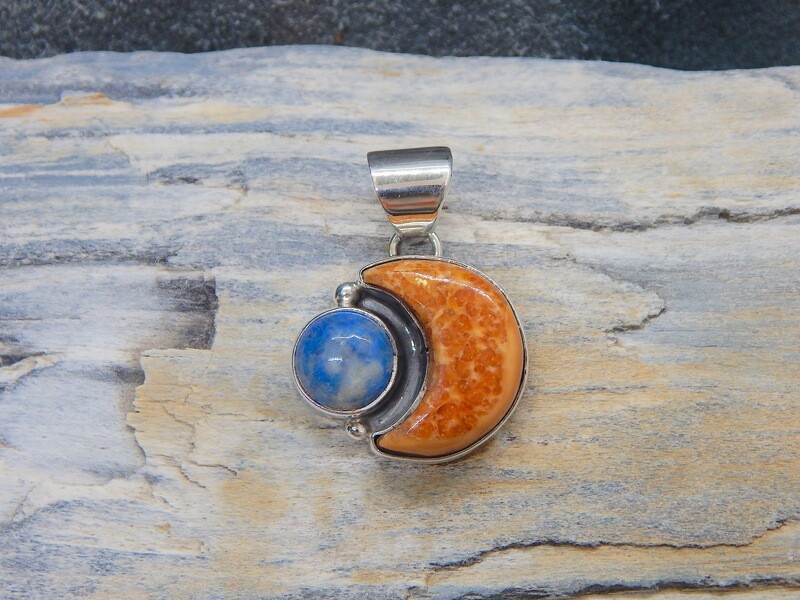 Fossilized Walrus Ivory & Denim Lapis Moon Pendant