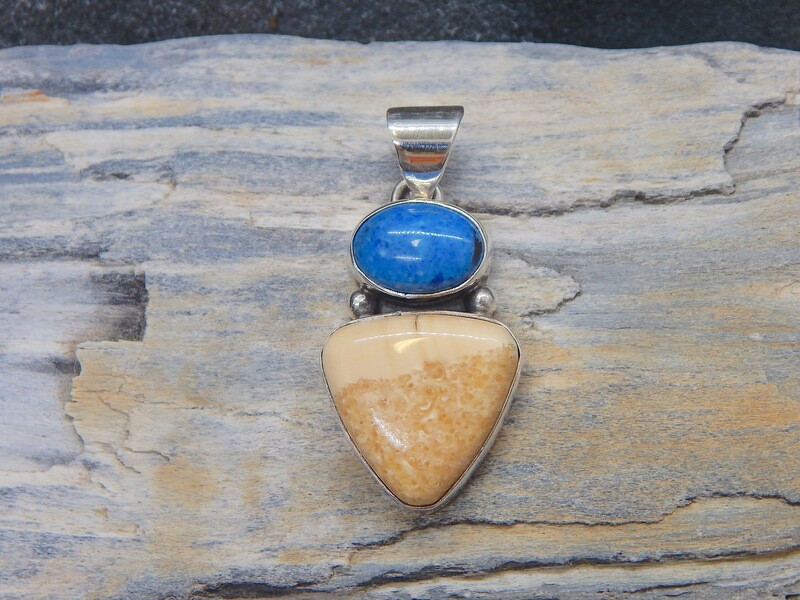 Fossilized Walrus Ivory & Denim Lapis Pendant