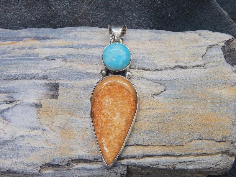 Fossilized Walrus Ivory & Larimar Pendant