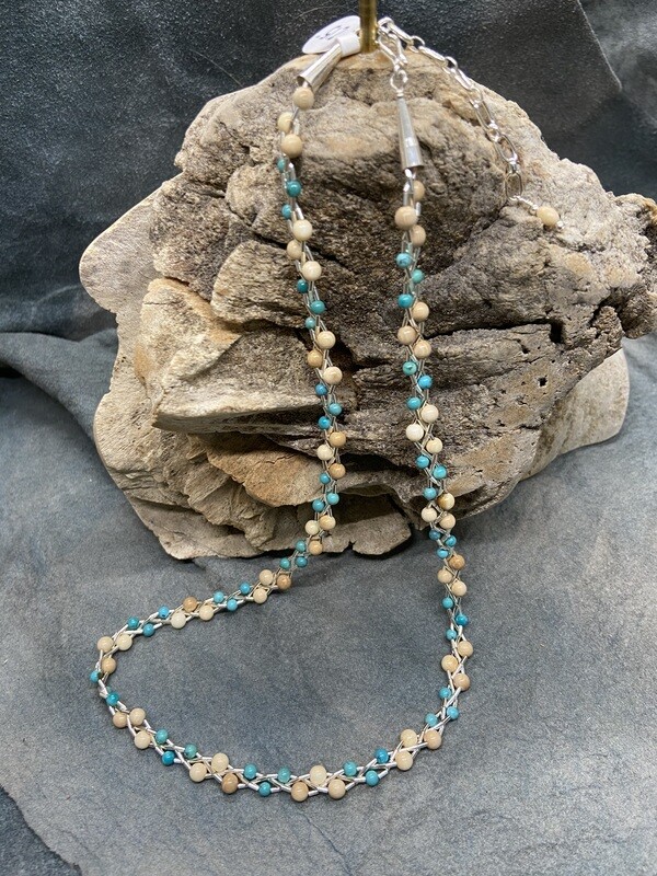 Turquoise &amp; Woolly Mammoth Ivory Braided Necklace