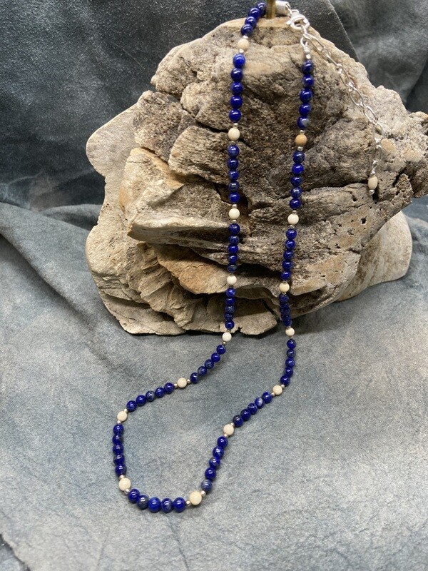 Denim Lapis &amp; Woolly Mammoth Ivory Bead Necklace