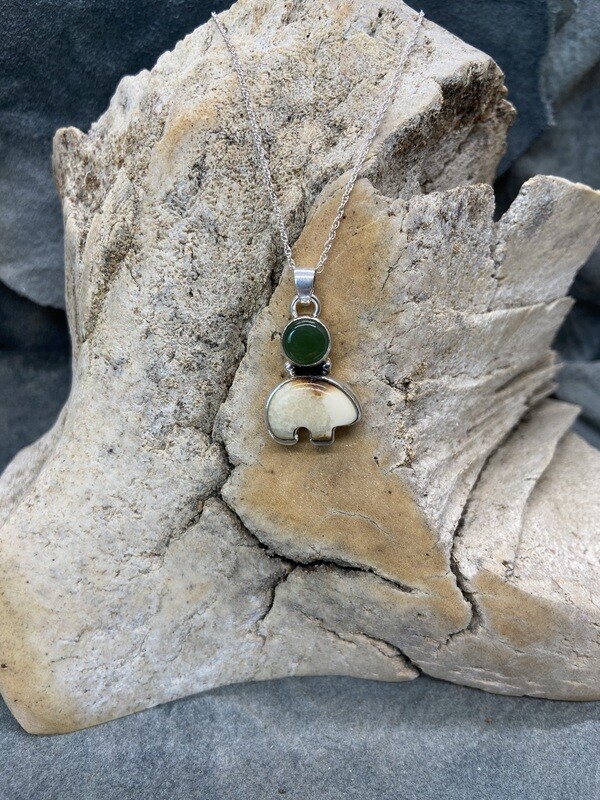 Fossil Walrus Ivory / Jade "Moon Bear" Necklace