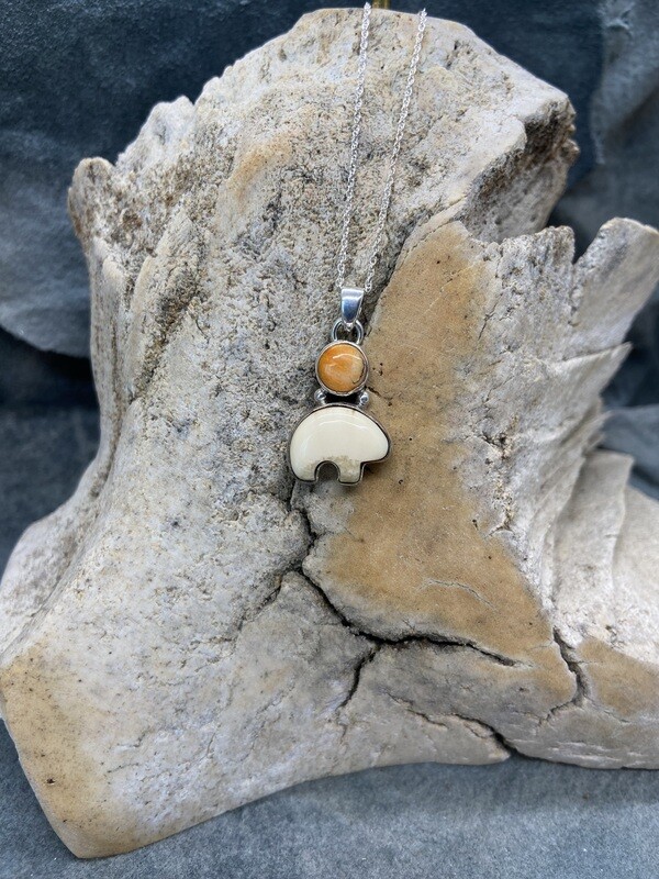 Spiny Oyster and Fossilized Walrus Ivory  "Moon Bear" Necklace