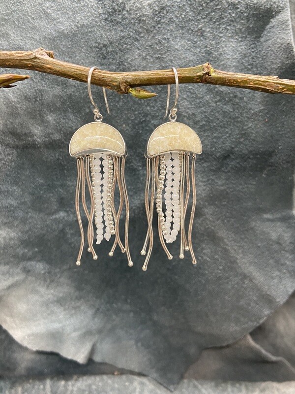 &quot;Jelly Fish&quot; Silver / Rainbow Moonstone / Fossilized Walrus Ivory