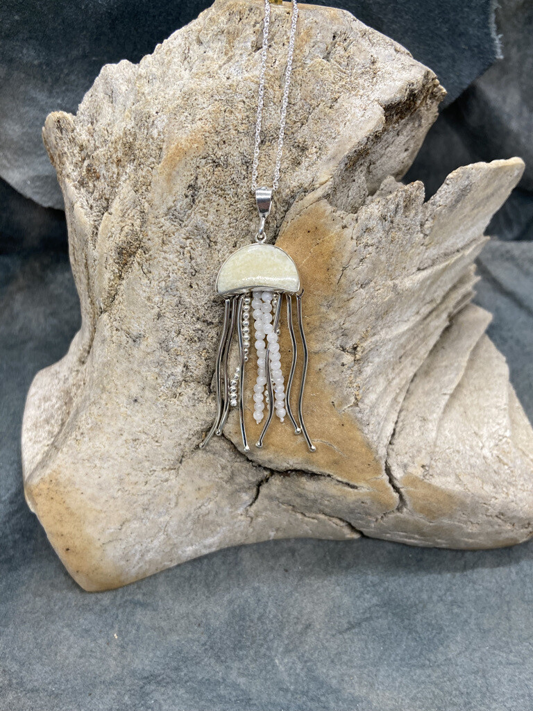 &quot;Jelly Fish&quot; Silver / Rainbow Moonstone / Fossilized Walrus Ivory