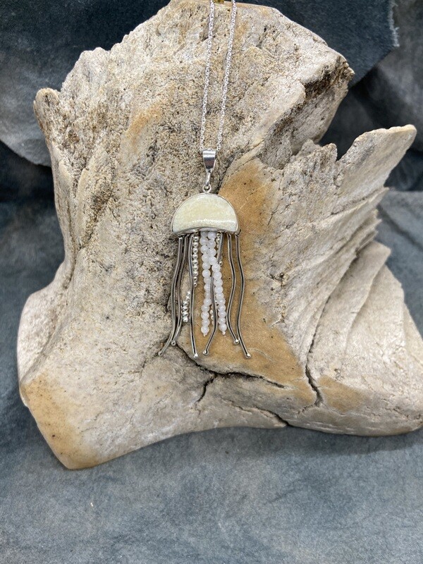 "Jelly Fish" Silver / Rainbow Moonstone / Fossilized Walrus Ivory