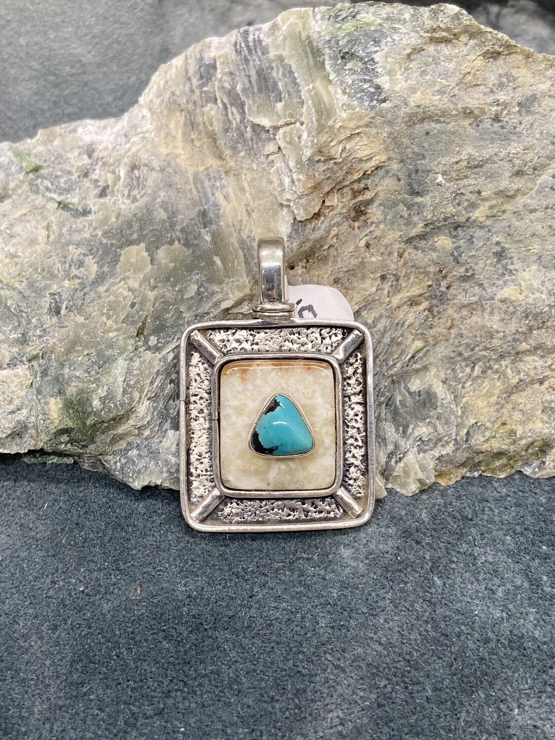Fossilized Walrus Tusk & Turquoise Pendant