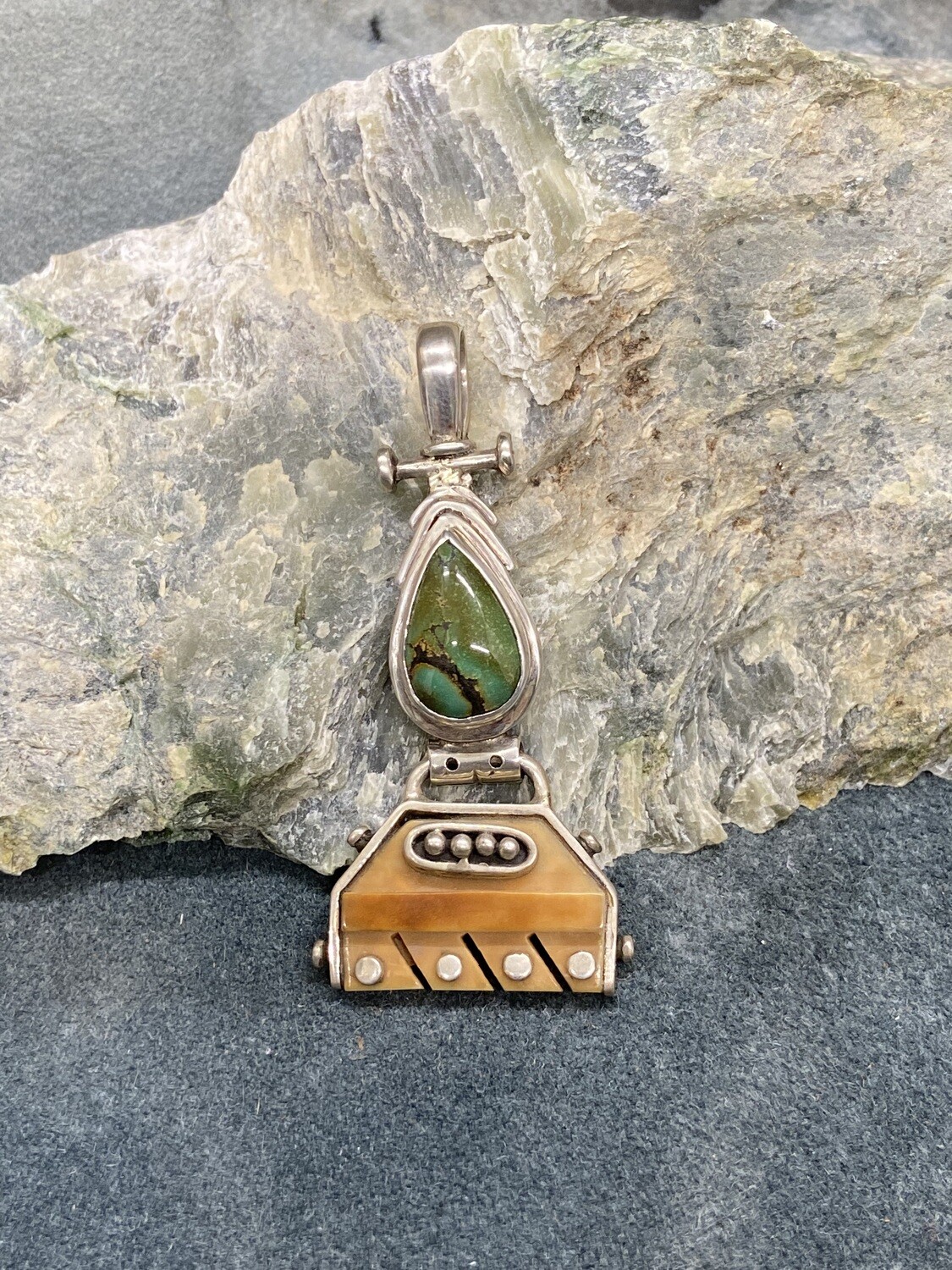 Fossilized Walrus Tusk & Turquoise Pendant