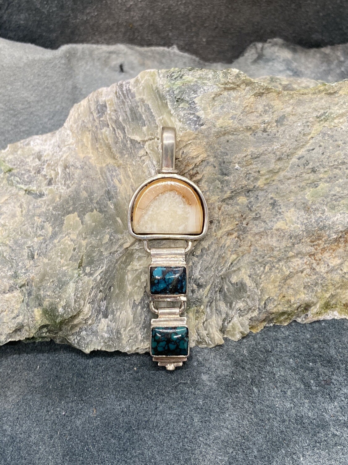 Fossilized Walrus Tusk &amp; Turquoise Pendant