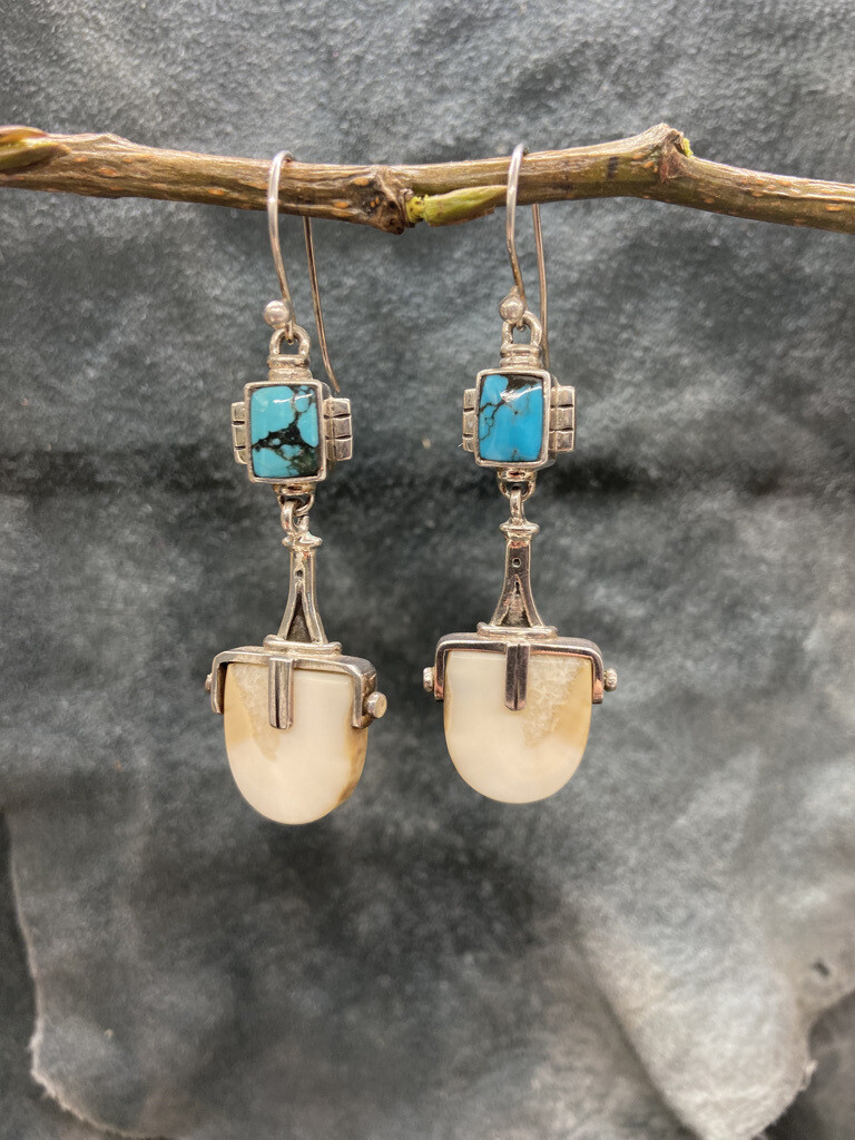 Fossilized Walrus Tusk &amp; Turquoise Earrings