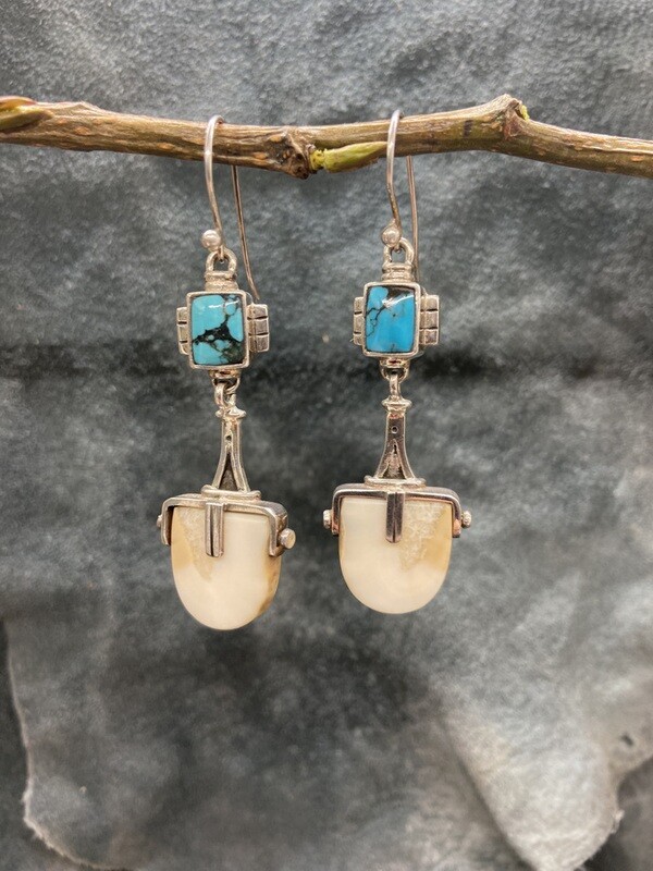 Fossilized Walrus Tusk &amp; Turquoise Earrings