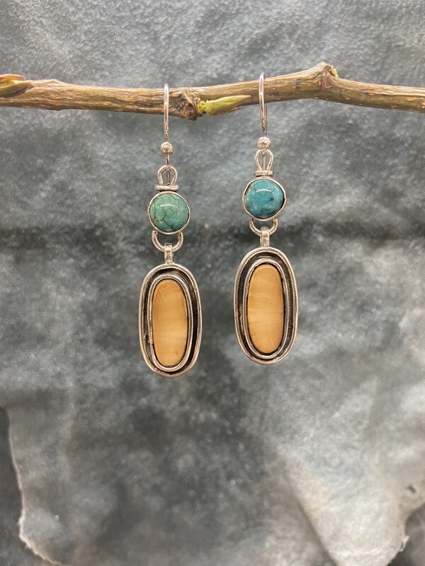 Fossilized Walrus Tusk &amp; Turquoise Earrings