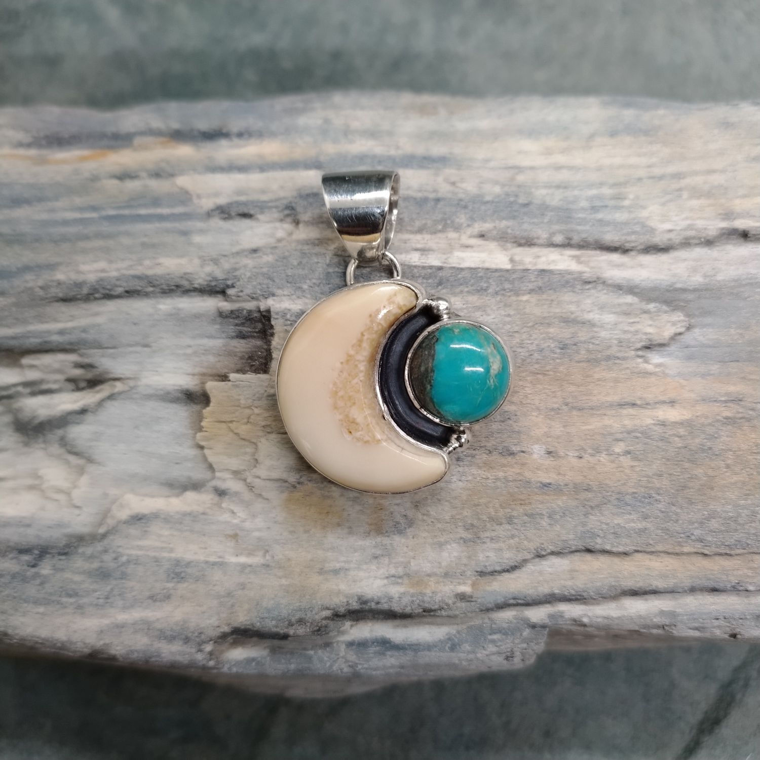 Fossilized Walrus Ivory and Turquoise Moon Pendant