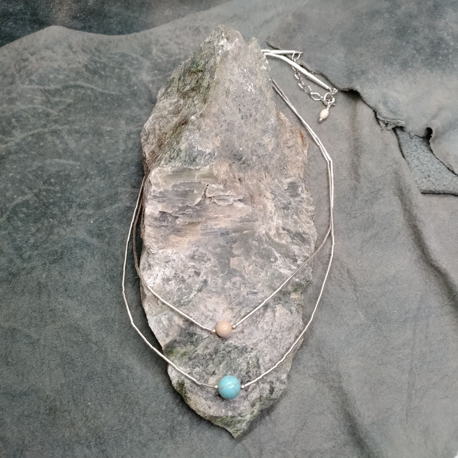 Turquoise and Walrus Ivory Stacked Double Necklace