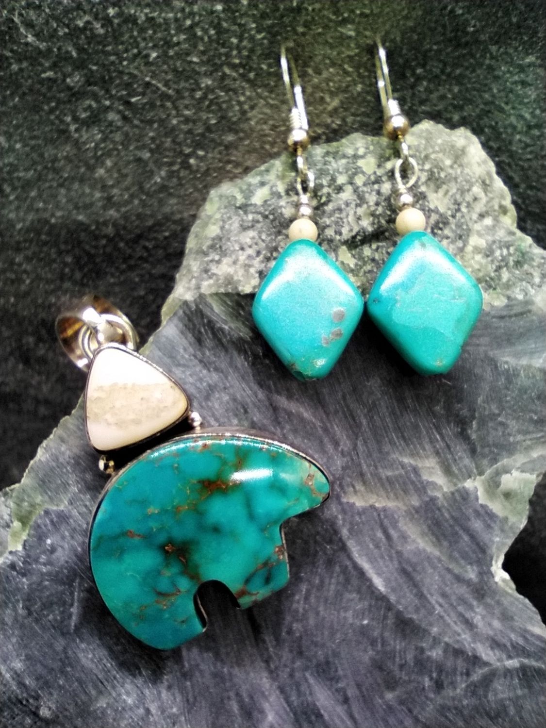 Turquoise and Fossil Walrus Ivory Pendant and Earrings Set