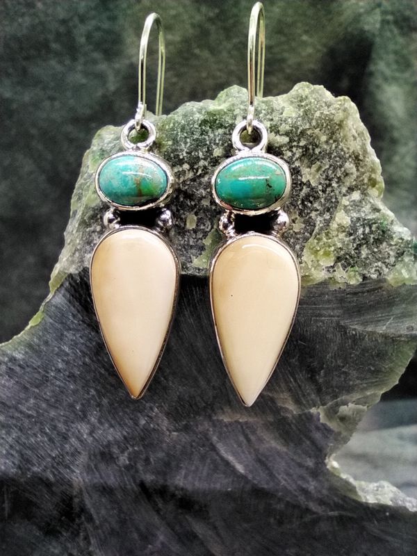 Fossil Walrus Ivory and Turquoise Earrings