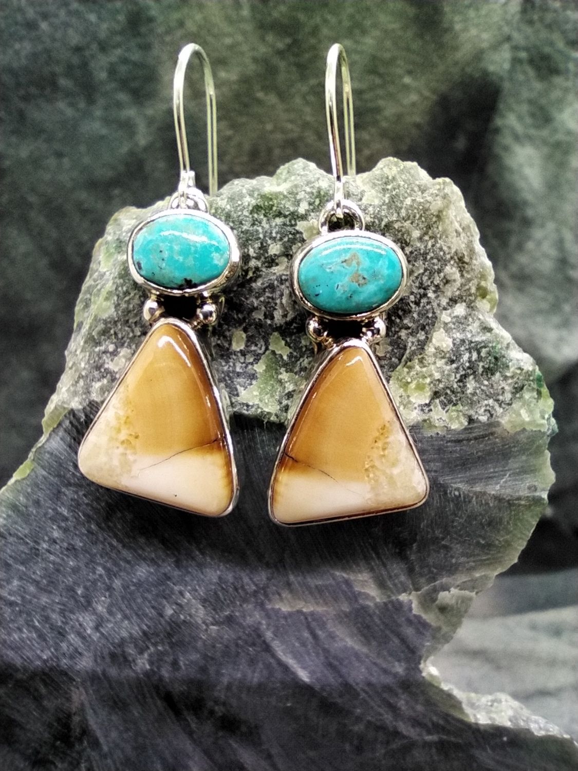 Fossilized Walrus Ivory and Turquoise Earrings