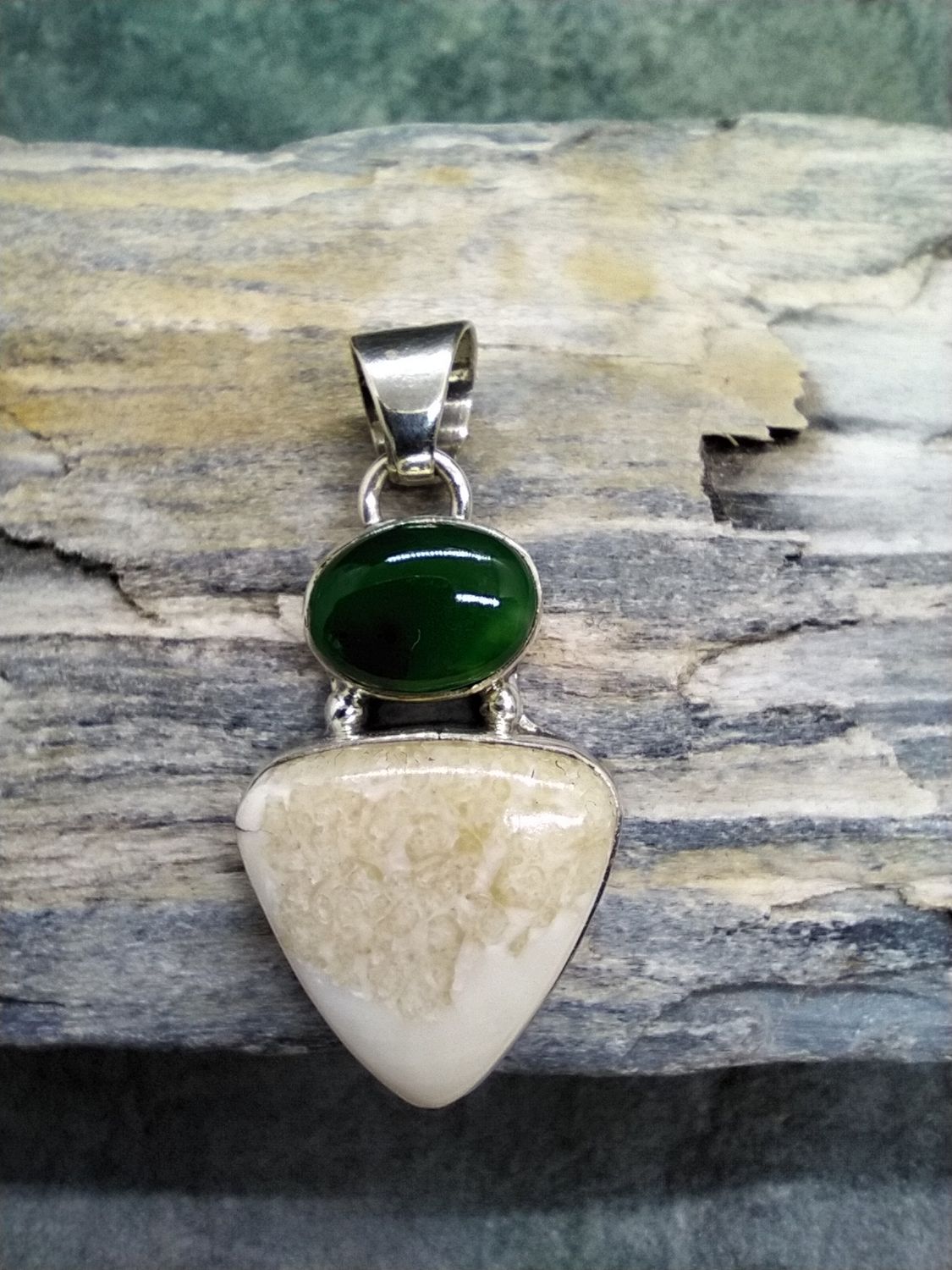 Fossilized Walrus Ivory and Jade Triangle Pendant