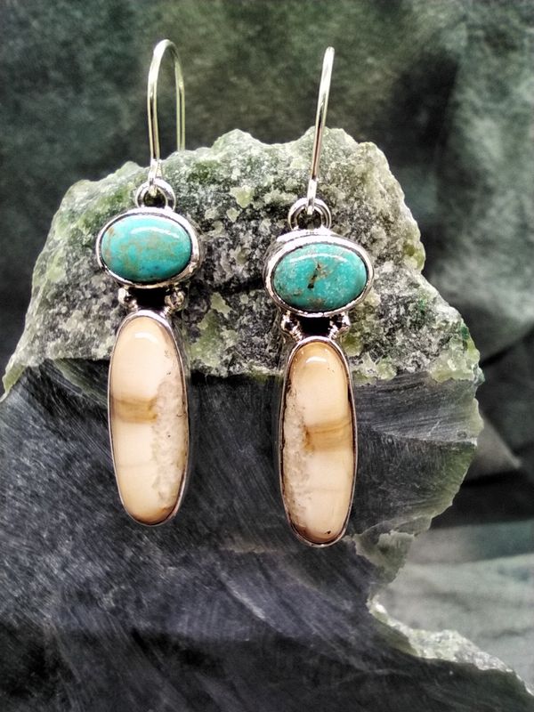 Fossil Walrus Ivory and Turquoise Earrings