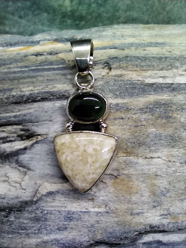 Fossilized Walrus Ivory and Jade Triangle Pendant