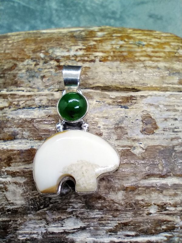Fossil Walrus Ivory and Jade Moon Bear Pendant