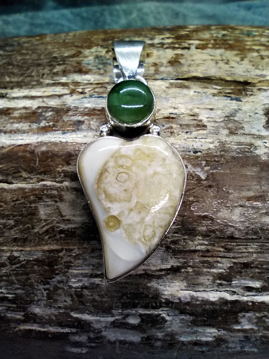Fossil Walrus Ivory and Jade Pendant