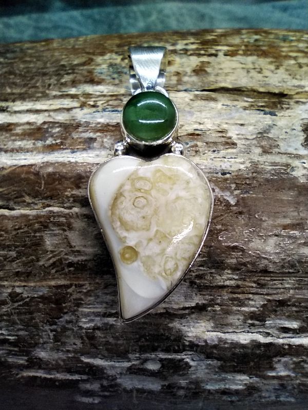Fossil Walrus Ivory and Jade Pendant