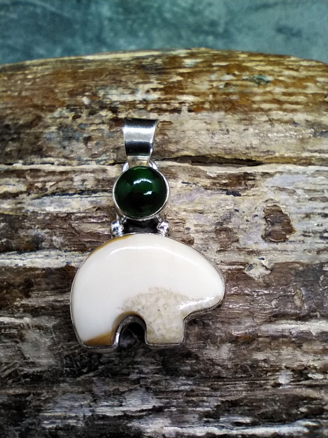 Fossil Walrus Ivory and Jade Moon Bear Pendant