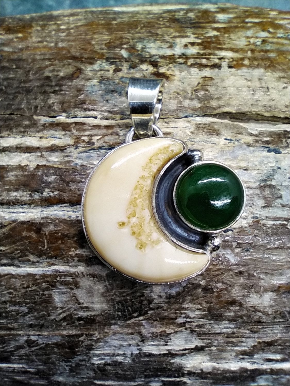 Fossilized Walrus Ivory and Jade Moon Pendant