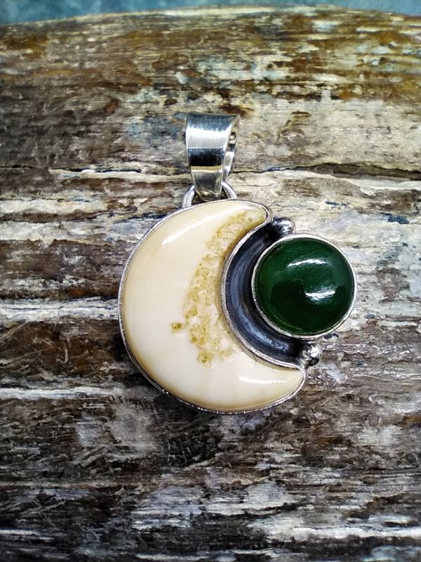 Fossilized Walrus Ivory and Jade Moon Pendant