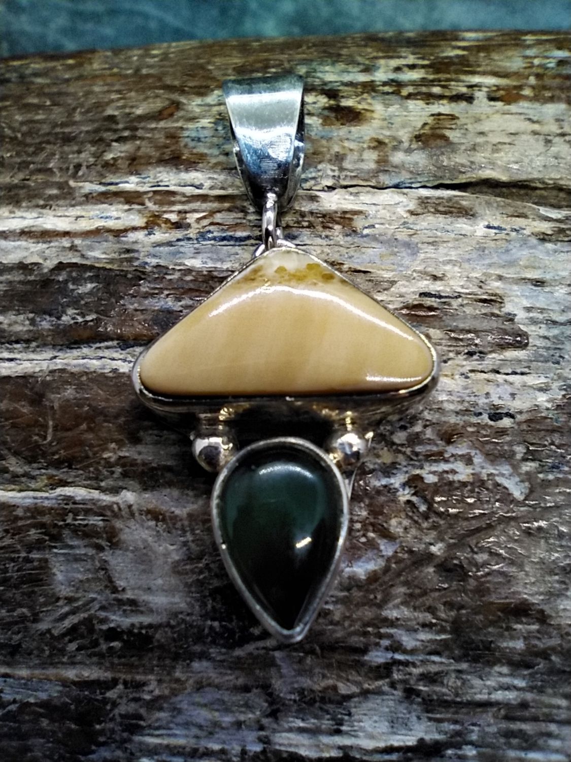 Fossilized Walrus Ivory and Jade Pendant