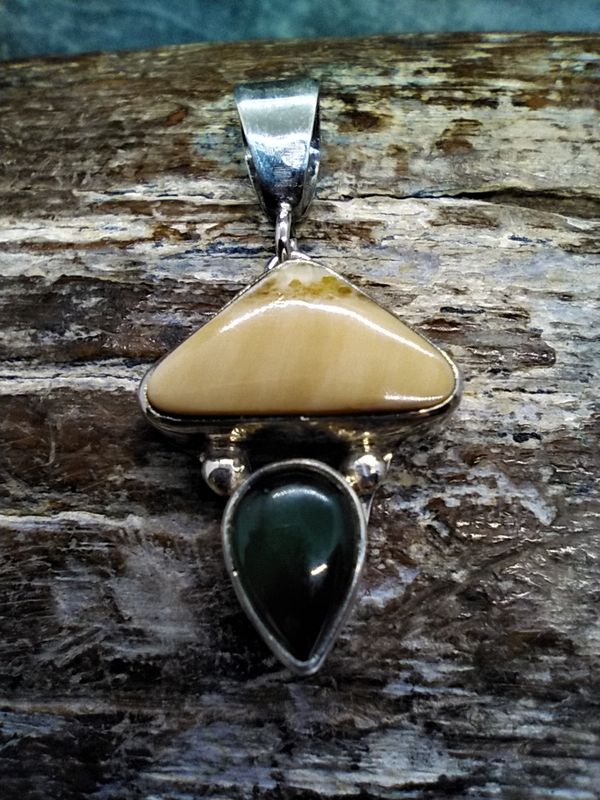 Fossilized Walrus Ivory and Jade Pendant