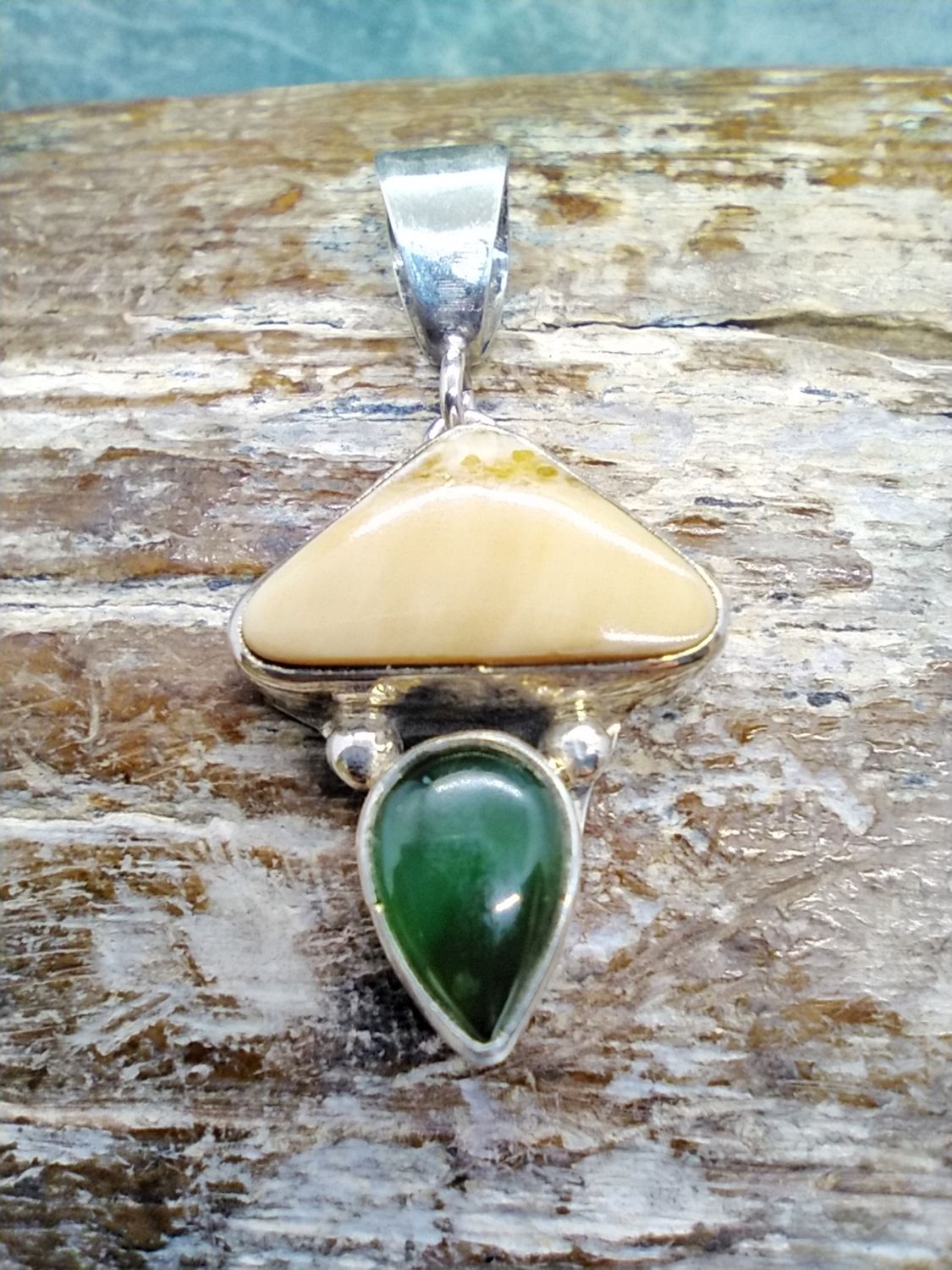Fossilized Walrus Ivory and Jade Pendant