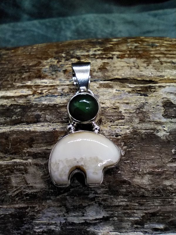 Fossil Walrus Ivory and Jade Moon Bear Pendant