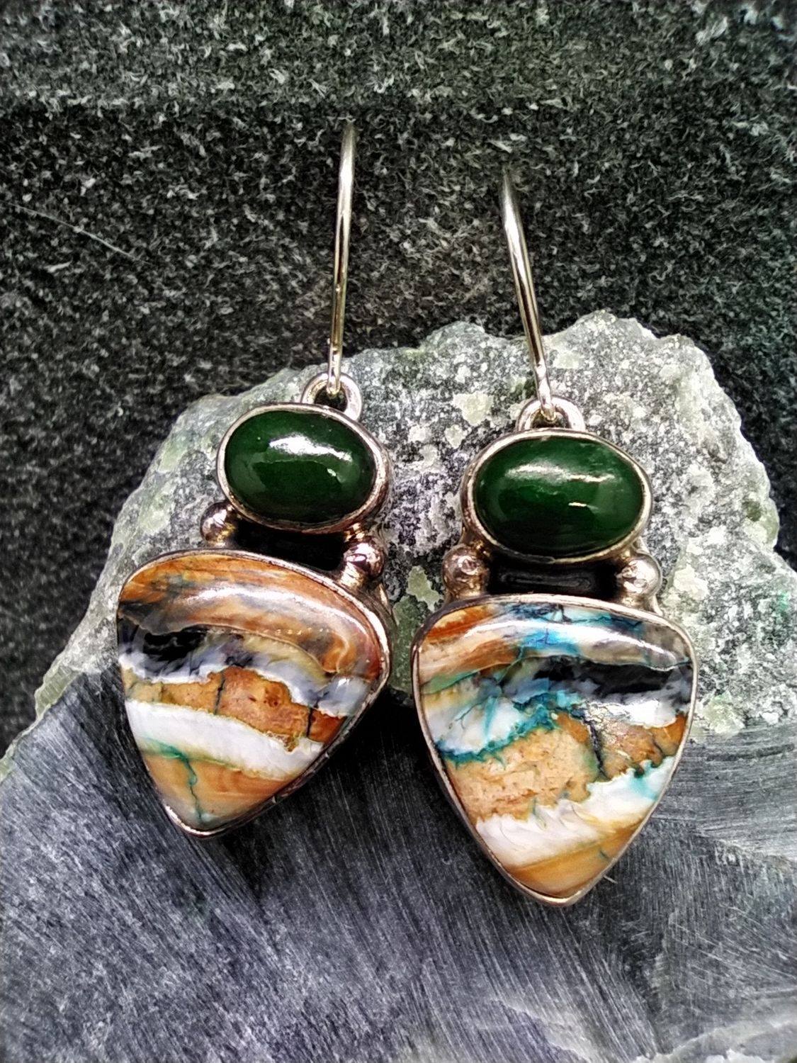 Woolly Mammoth Tooth and Jade Earrings